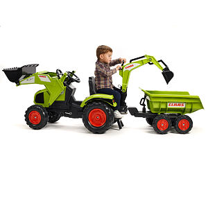 FALK Šlapací traktor Claas Axos s nakladačem, bagrem a vozíkem