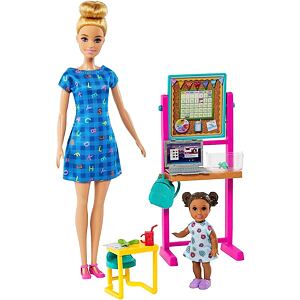 Mattel Barbie Povolání herní set s panenkou Učitelka blondýna v modrých šatech