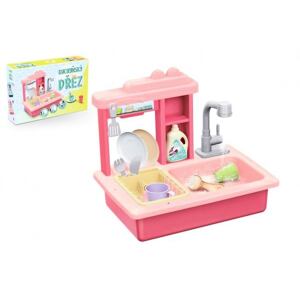 Teddies Dřez na mytí nádobí růžový + kohoutek na vodu na baterie  s doplňky