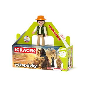 Efko Igráček Archeolog - figurka s egyptskými vykopávkami masky faraona a sošky bohyně Bastet