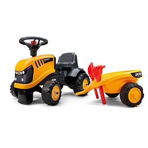 FALK Odrážedlo traktor Baby JCB žlutý s vozíkem a lopatou s hráběmi