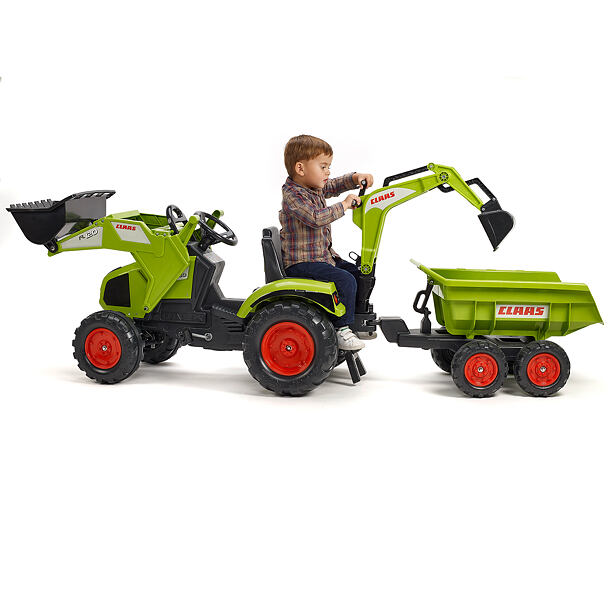 FALK Šlapací traktor Claas Axos s nakladačem, bagrem a vozíkem