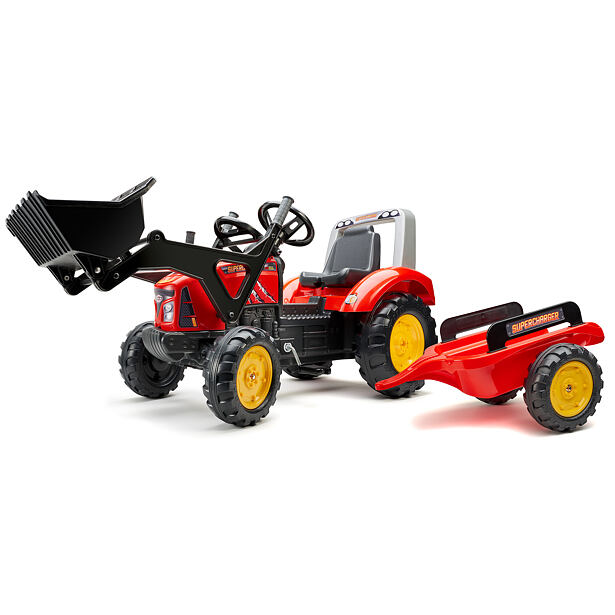 FALK Šlapací traktor Supercharger s nakladačem a vozíkem, červený