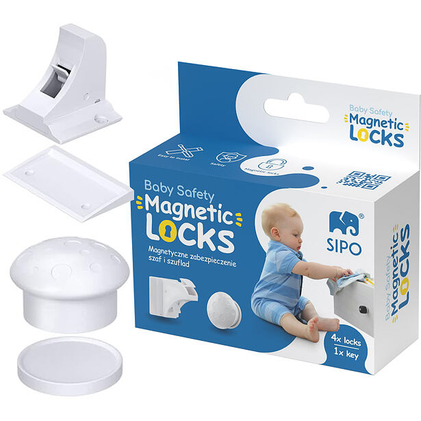 Sipo Magnetické zámky na skříně a zásuvky, sada 4 ks + 1x magnetický klíč, BÍLÁ