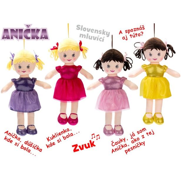 Panenka Anička hadrová 32cm na baterie slovensky mluvící a zpívající 4barvy v sáčku