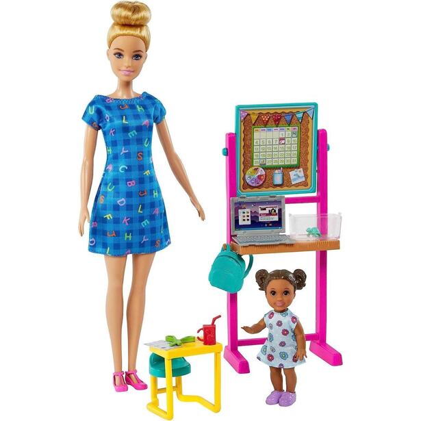 Mattel Barbie Povolání herní set s panenkou Učitelka blondýna v modrých šatech