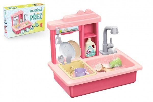 Teddies Dřez na mytí nádobí růžový + kohoutek na vodu na baterie  s doplňky