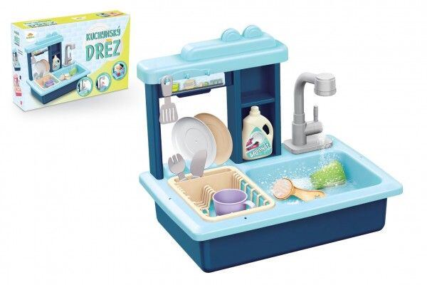 Teddies Dřez na mytí nádobí modrý + kohoutek na vodu na baterie  s doplňky