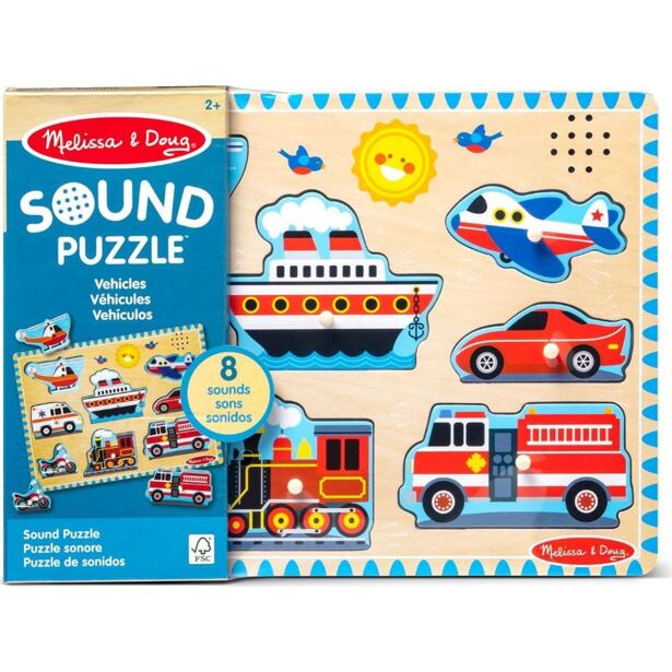 Melissa & Doug Dřevěné puzzle se zvuky - dopravní prostředky