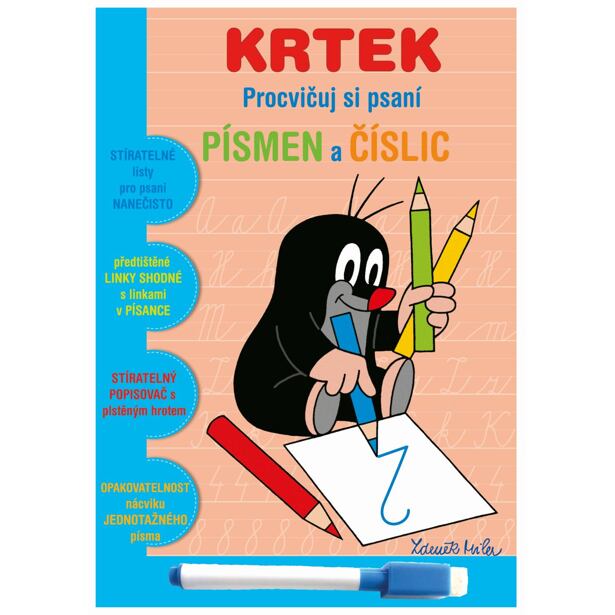 Akim Stíratelný sešit "Procvičuj si písmena a číslice" + stíratelný popisovač - Krtek 1