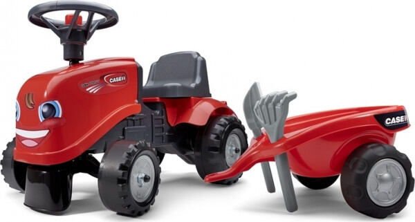 FALK Odrážedlo Baby traktor s vozíkem, lopatou a hráběmi, červené