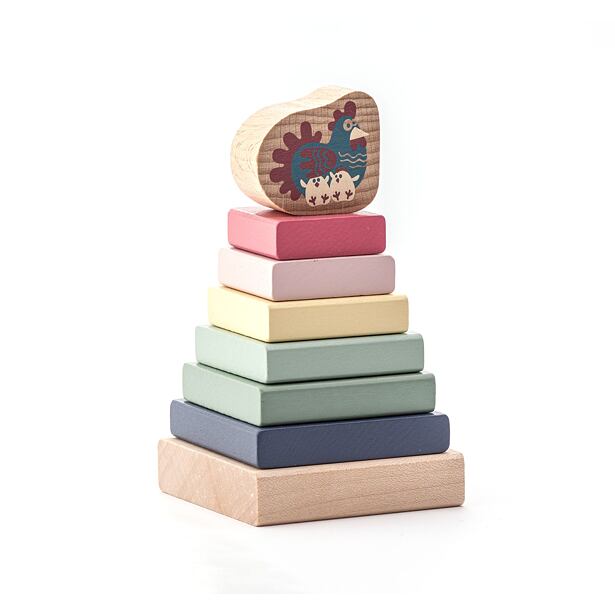 Cubika Pastel Barevná pyramida se slepičkou - dřevěná skládačka 8 dílů