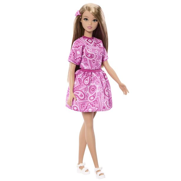 Mattel Barbie Fashionistas Modelka v šatech s růžovým paisley vzorem