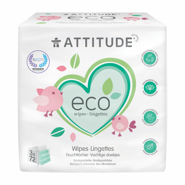 ATTITUDE Vlhčené ubrousky bez vůně - výhodné balení (3 x 72 ks)