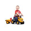 FALK Odrážedlo traktor Baby JCB žlutý s vozíkem a lopatou s hráběmi